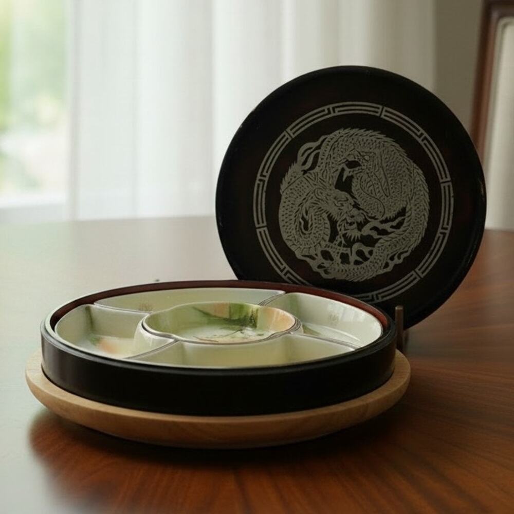 Antique Nippon Hand Painted Sweetmeat Set 5 Pc Bird Scene w Dragon Tray Japan
